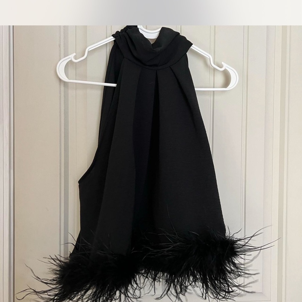 Chic Black Feather Trim Halter Top